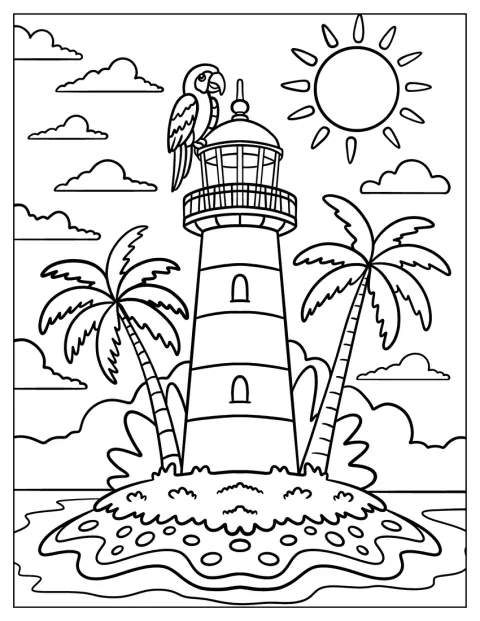 Ein Papagei sitzt bei einem tropischen Leuchtturm, der von Palmen umgeben ist.