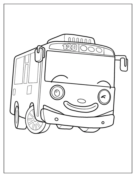 Tayo, el pequeño autobús, guiña un ojo con simpatía.