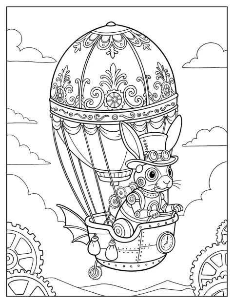 Steampunk-tyylinen pääsiäispupu lentää kuumailmapallolla.