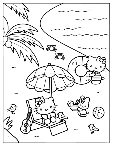 Hello Kitty og vennerne nyder en afslappende stund på stranden.