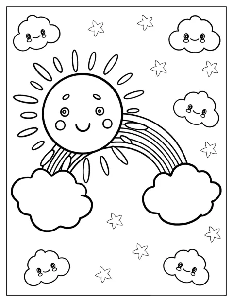 Un grande sole splende sopra un arcobaleno e alcune nuvole.