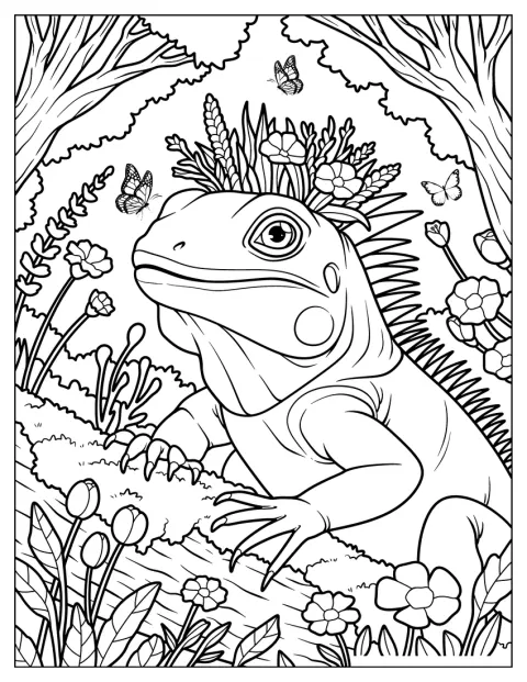 Blumen umgeben den detailreich gezeichneten Leguan.