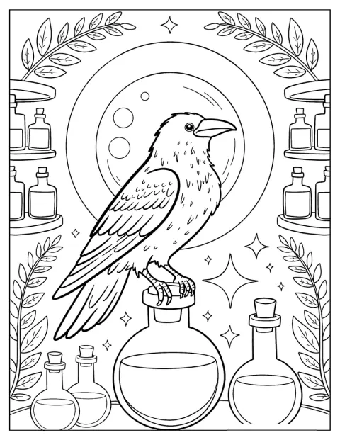 Een raaf zit boven op een fles toverdrank.