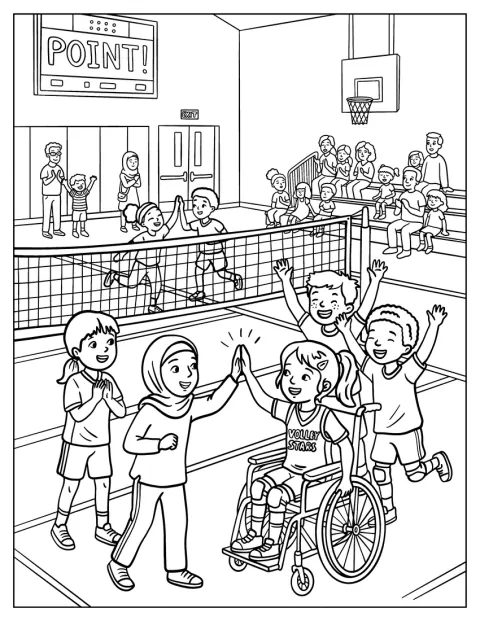 Ett barn firar en volleybollpoäng med sina lagkamrater i idrottshallen.
