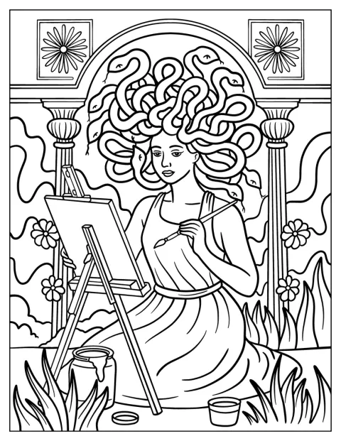 Medusa pinta un cuadro sobre un caballete en el jardín de un templo.