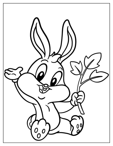 Bébé Bugs Bunny serre une branche d’arbre entre ses pattes.