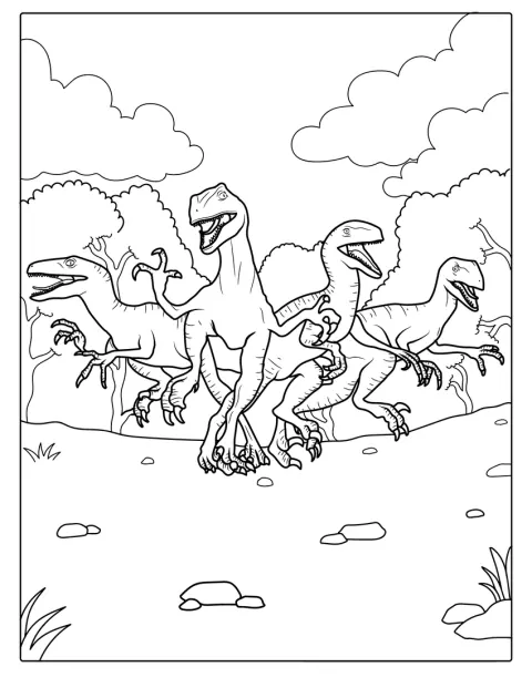 Skupina velociraptorů kráčí společně.