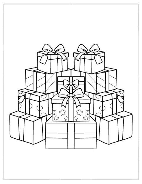 Des cadeaux empilés sont ornés de nœuds et de rubans.