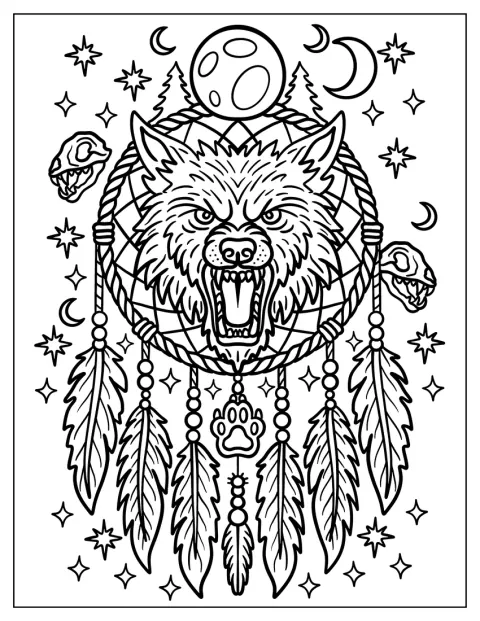 Um apanha-sonhos com um lobisomem assustador está decorado com uma lua e estrelas.