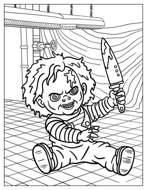 Chucky sostiene un cuchillo ensangrentado con gesto amenazador.