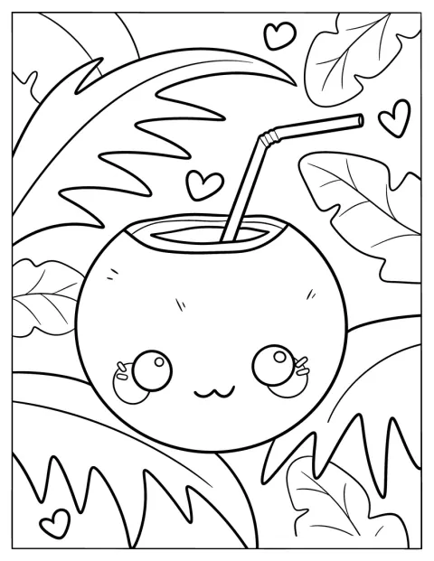 Une boisson dessinée comme une noix de coco est accompagnée d’une paille.