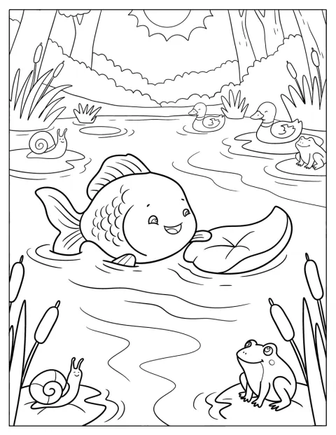 Dans un étang, un poisson rouge nage parmi des canards et des grenouilles.