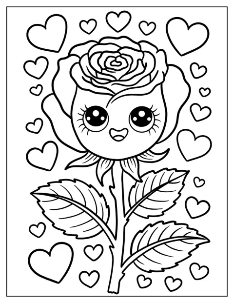 Une rose de dessin animé est entourée de petits cœurs.