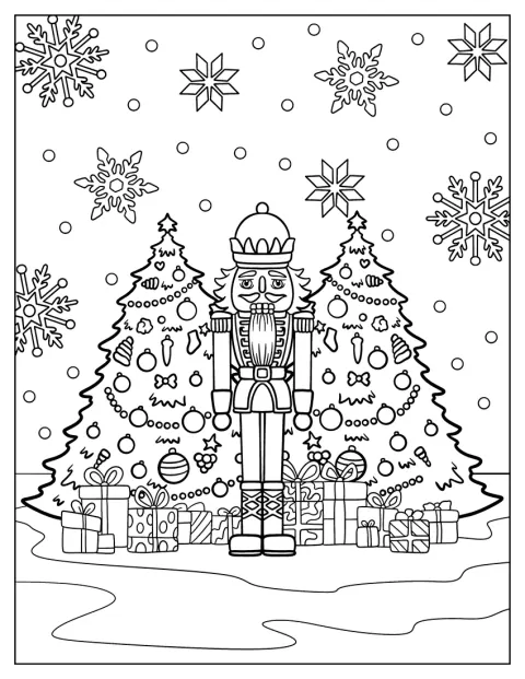 Nutcracker Coloring Page Standing In Front of Two Christmas Trees