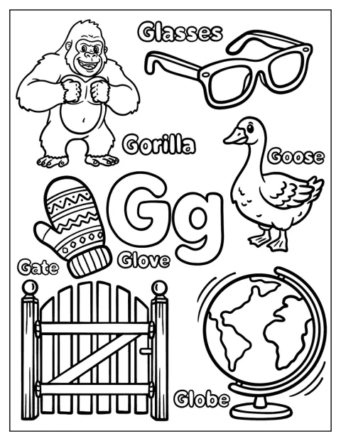 La letra G aparece junto a unas gafas, un gorila, una puerta, un globo, un ganso y un guante.