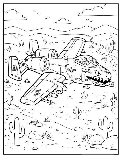 A 10 Warthog Attack Aircraft Flying Over a Desert Coloring Page