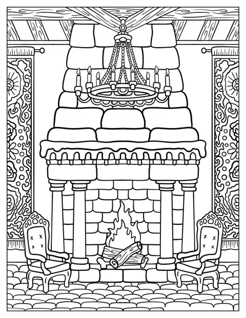 Un candelabro cuelga sobre una imponente chimenea medieval.