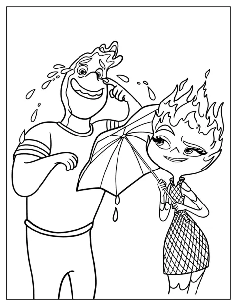Pixar Coloring Page of Ember Lumen And Wade Ripple From Elemental