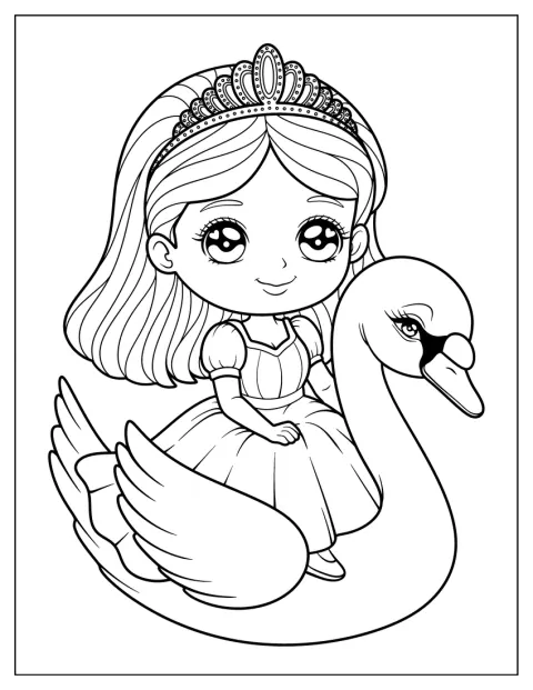 ティアラをつけたプリンセスが、白鳥の背に乗っています。
