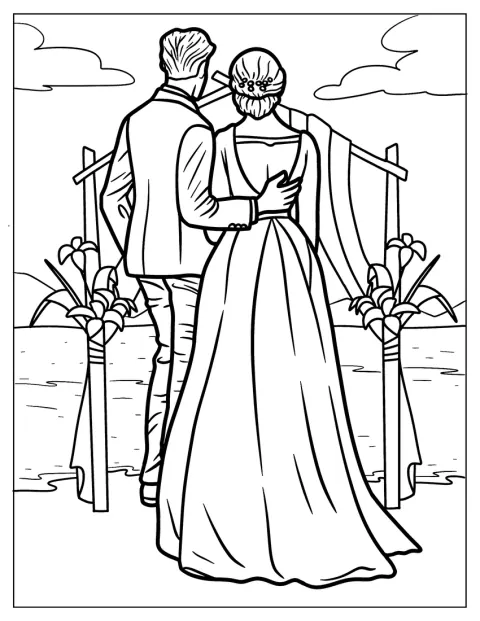 ビーチで結婚式を挙げた新郎新婦が、海を眺めています。