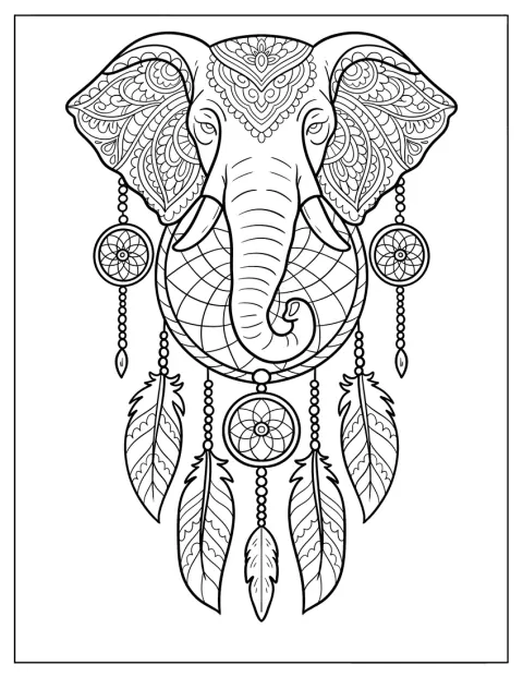 Un elefante ornato da motivi intricati è circondato da piume e un acchiappasogni.