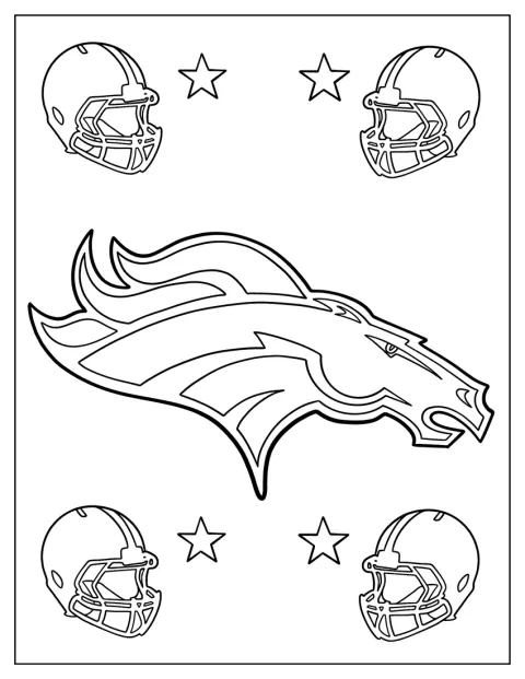 Le logo des Denver Broncos est accompagné de casques de football.