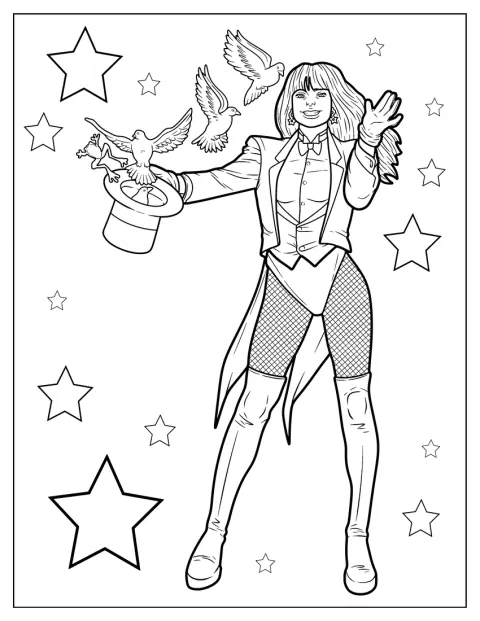 Zatanna voert een magische truc uit voor de Justice League.