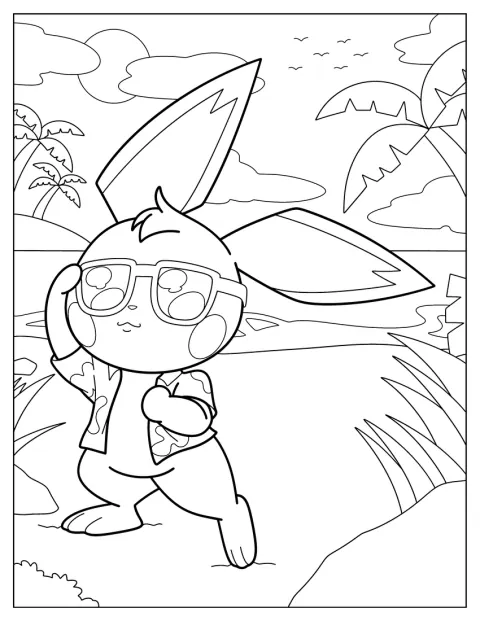 Mit Sonnenbrille und Hawaiihemd entspannt Pichu am Strand.