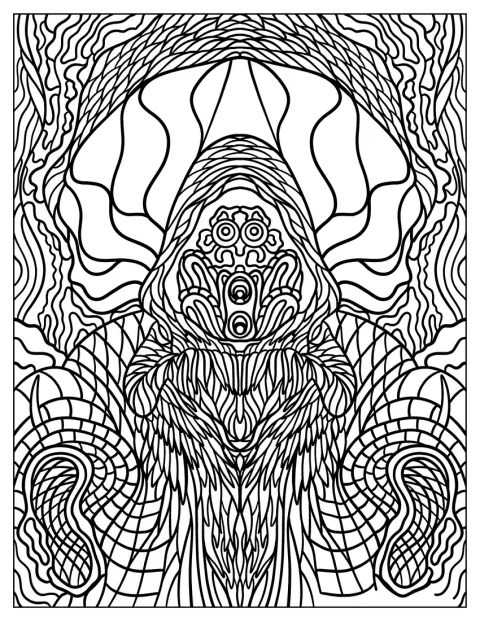 Olhos aparecem entre padrões abstratos e formas sinuosas.