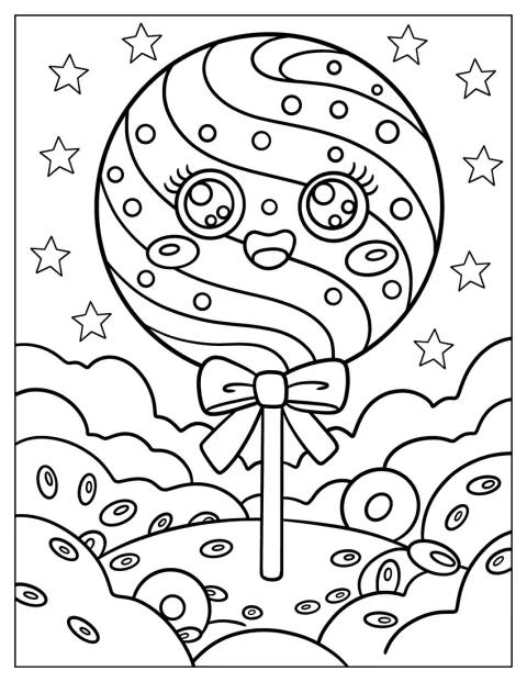 Een vrolijke cartoonlolly met spiralen staat voor een sterrenachtergrond.