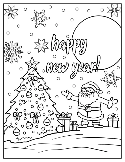 Santa Claus stojí vedle vánočního stromku během novoročních oslav.