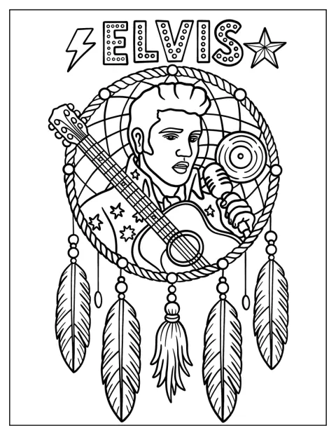 Un retrato de Elvis Presley forma parte de un atrapasueños con plumas y una guitarra.