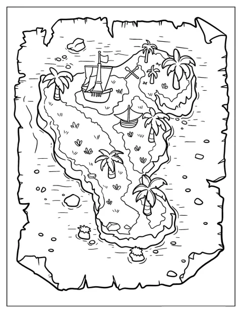 Um mapa pirata indica o caminho até um tesouro escondido.