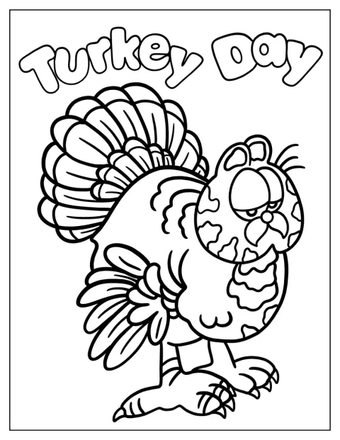 Garfield aparece disfrazado de pavo con sus plumas extendidas.