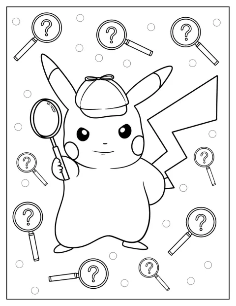Detectivul Pikachu cercetează împrejurimile cu o lupă.