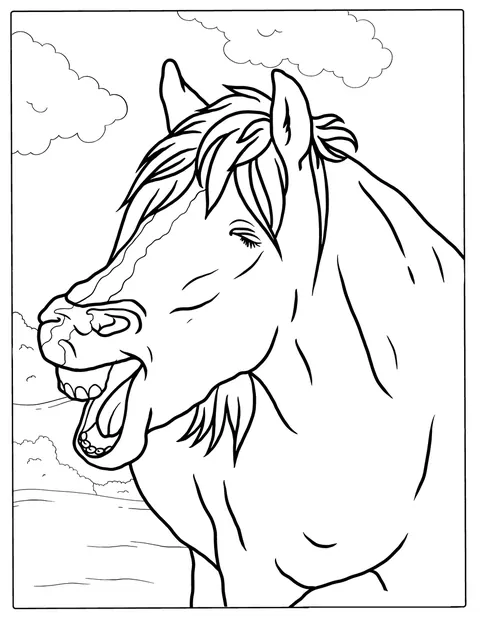 Un caballo levanta la cabeza y relincha.