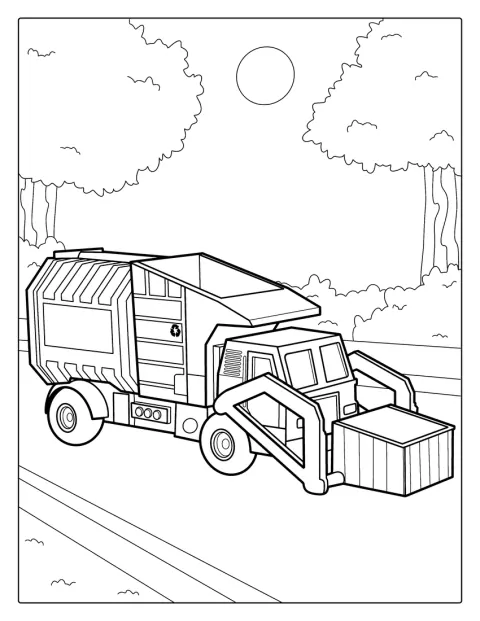 Een vuilniswagen met voorlader tilt afvalcontainers aan de voorkant op.