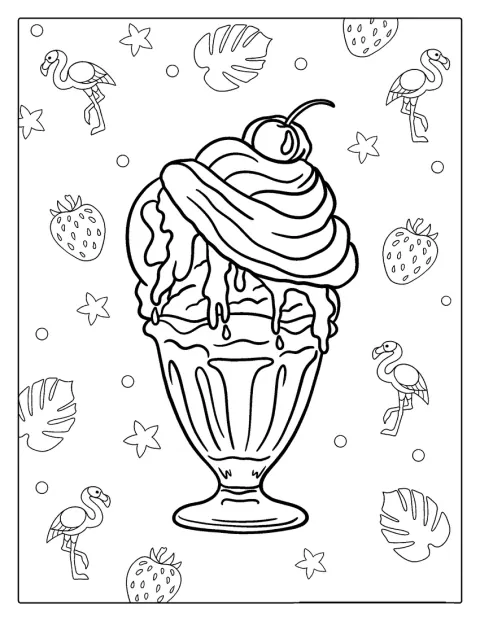 O cupă cu înghețată și toppinguri este desenată cu un contur simplu.