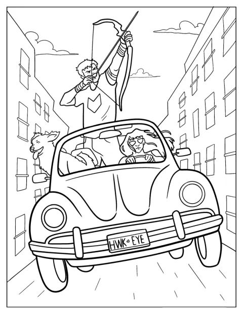 Im Auto spannt Hawkeye seinen Bogen, während Kate Bishop und Lucky mitfahren.