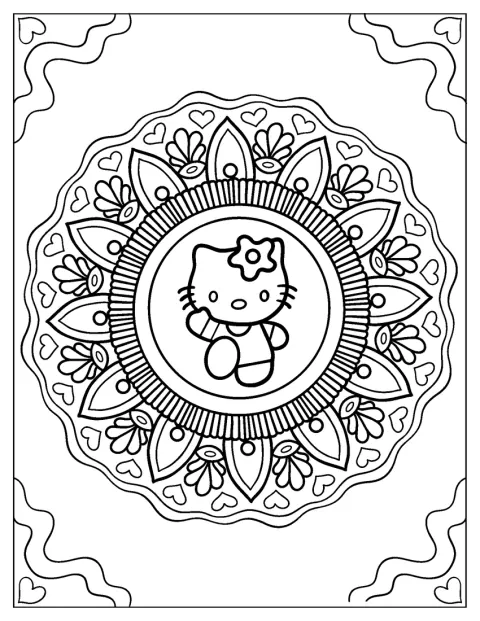 Twarz Hello Kitty znajduje się pośrodku symetrycznej mandali.
