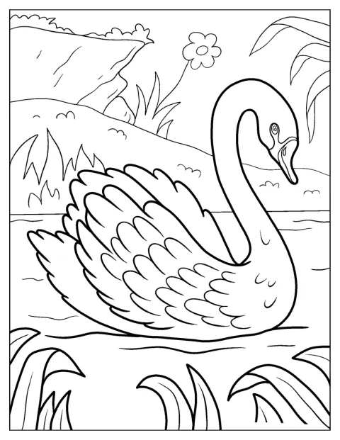 気品ある白鳥の姿と、細かく描かれた羽が目を引きます。