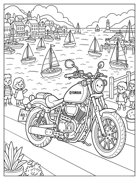 En Yamaha Bolt-motorcykel holder ved en havn med sejlbåde.