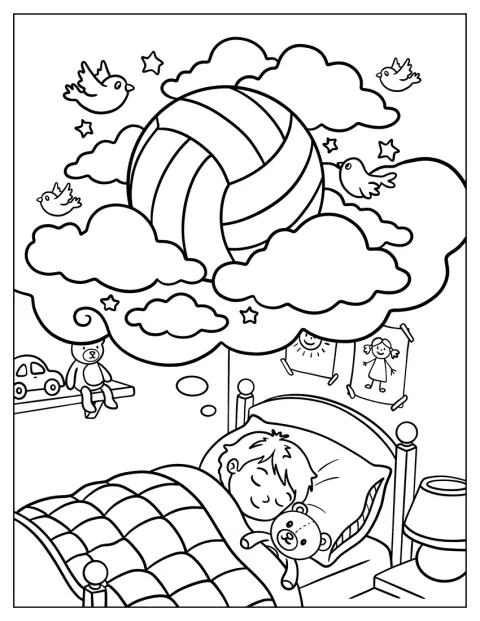 Ein Kind träumt von einem riesigen Volleyball, der zwischen den Wolken schwebt.