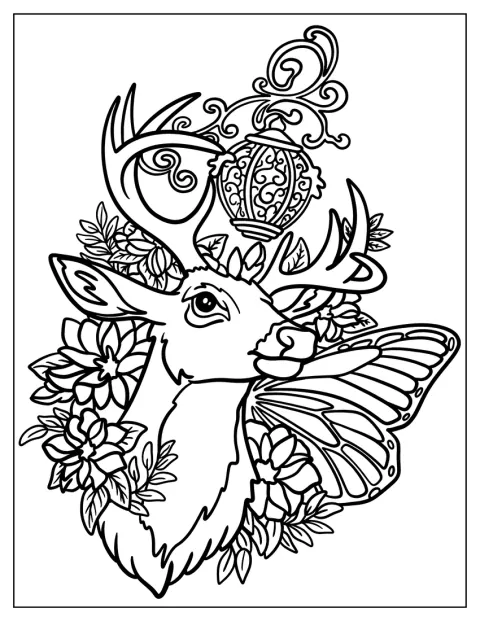 Peura seisoo kasvien keskellä, ja perhosen siivet kehystävät sitä.