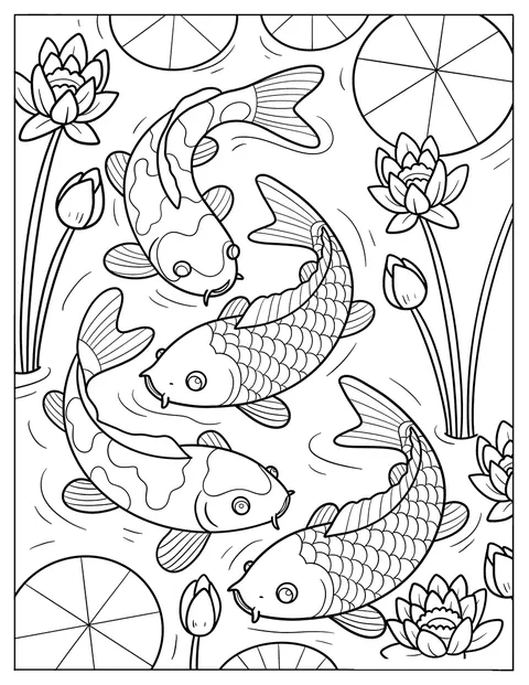 Trois carpes koï nagent autour de fleurs de lotus.