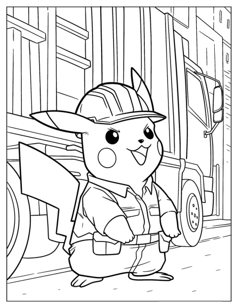 Pikachu kukásként áll egy kukásautó előtt.