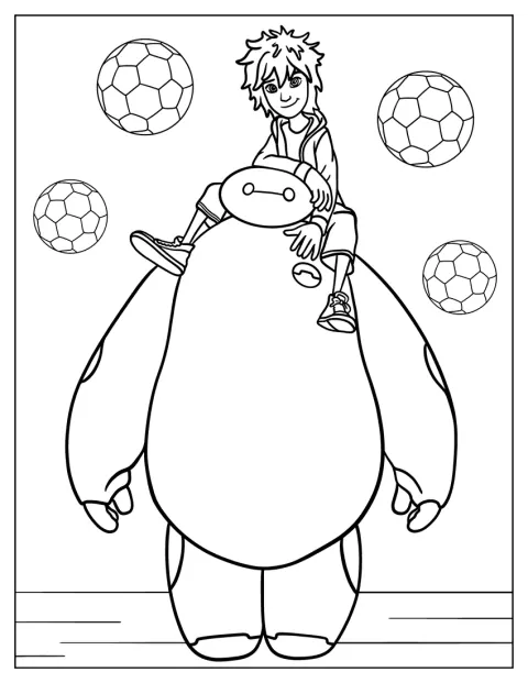Hiro Hamada est assis sur le dos de Baymax.