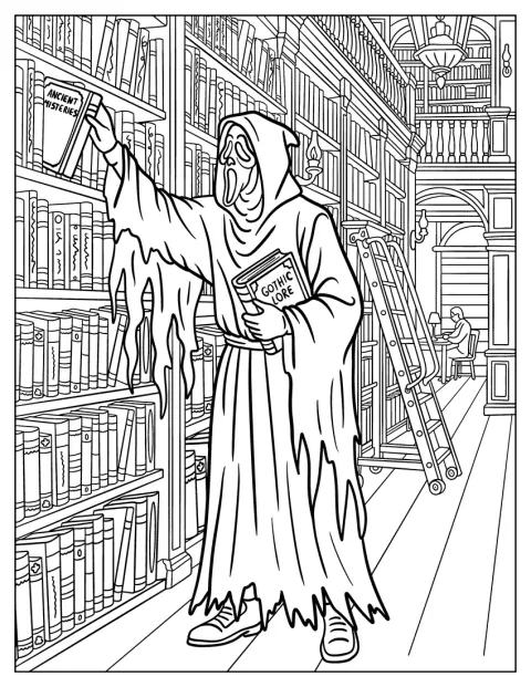 Ghost Face Looking for Gothic Books in the Library Coloring Page