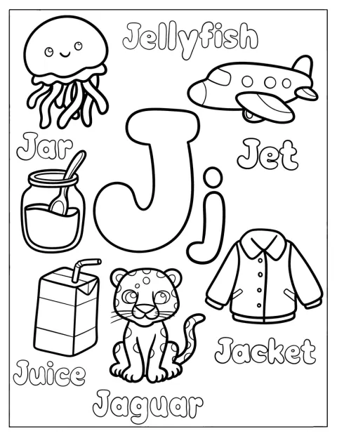 Ein Jet, ein Glas, Saft, ein Jaguar und eine Jacke gehören zum Buchstaben J.