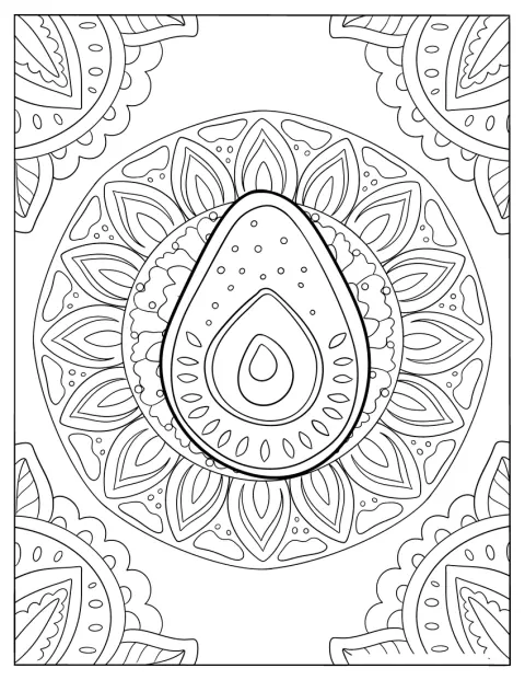 Un aguacate ocupa el centro de un intrincado mandala floral.